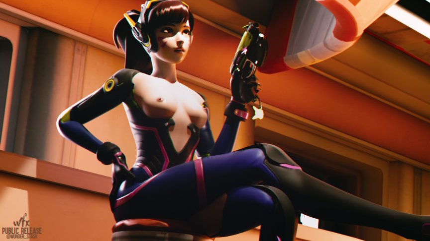 1girls 3d alternate_costume breasts d.va female gun nano_d.va overwatch pistol sitting solo weapon