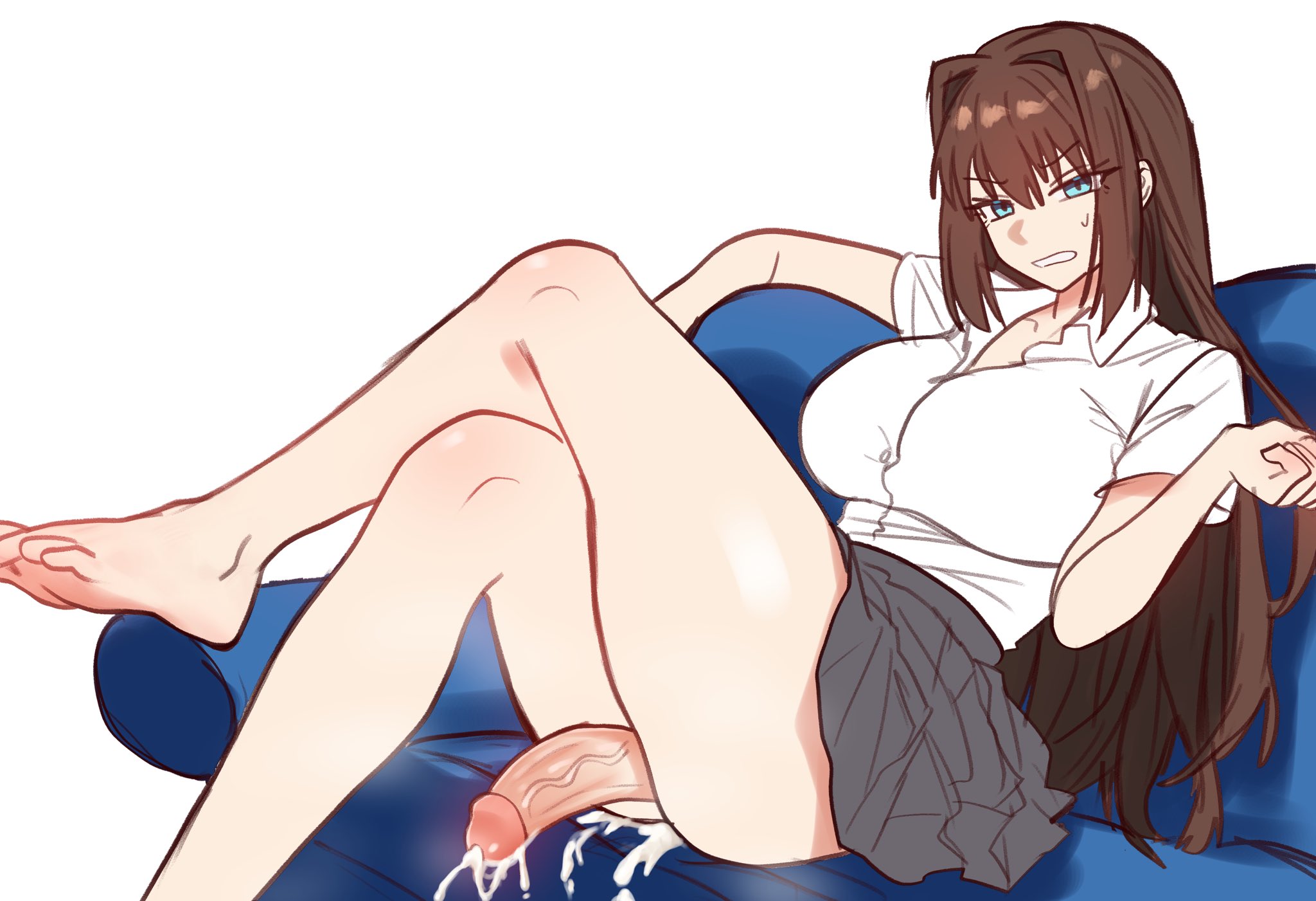 1futa, alternate version available, aozaki aoko, big penis, blue eyes, bottomless, breasts, brown hair, clothed, clothing, cum, cum on penis, ebora, erection, futa only, futanari, human, intersex, large breasts, large penis, light skin, light-skinned futa, long hair, mahou tsukai no yoru, mostly clothed, penis, sitting, solo, solo futa, type-moon, uncensored, youngmanisdown