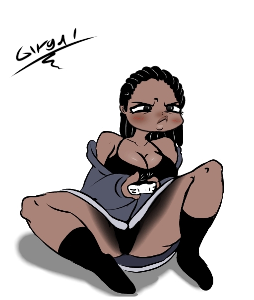 blue_hoodie dark-skinned_female focused gacha_life gaming giygal joystick oc rochelle_(giygal) squint