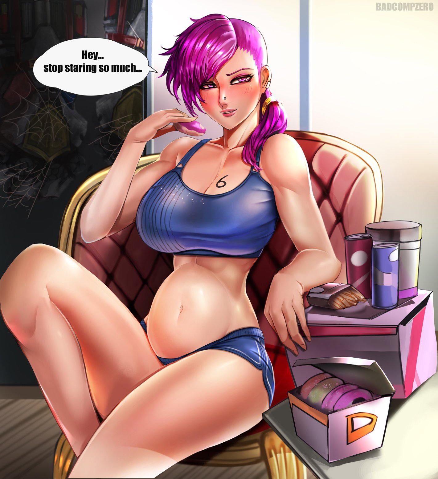 1girls, artist name, athletic, badcompzero, belly, blush, breasts, collarbone, donut, english text, female, female only, hair, large breasts, league of legends, lips, navel, nose piercing, piercing, pink eyes, pink hair, ponytail, pregnant, shorts, sitting, speech bubble, tattoo, text, vi, video game, watermark