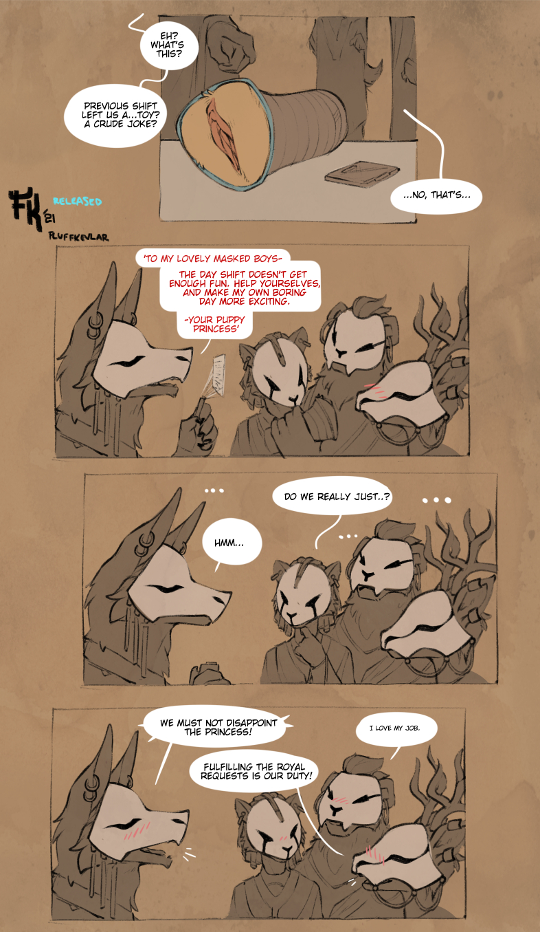 2021 4boys anthro antlers biped blush brown_background canid canine comic deer dialogue digital_media_(artwork) ellipsis english_text female fluff-kevlar genitals group happy hi_res horn male mammal mask penetrable_sex_toy portal portal_fleshlight pussy sex_toy simple_background speech_bubble tail tan_background text thinking_with_portals tongue