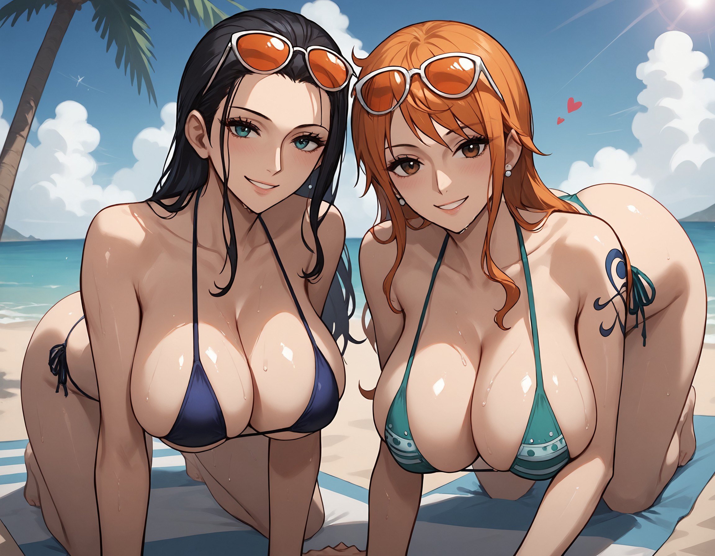 2girls, ai generated, bikini, black hair, blue eyes, breasts, female, female only, flyingpancake, hi res, hips, large breasts, light skin, light-skinned female, long hair, nami (one piece), nico robin, one piece, orange hair, post-timeskip, stable diffusion, thick thighs, thighs, wide hips
