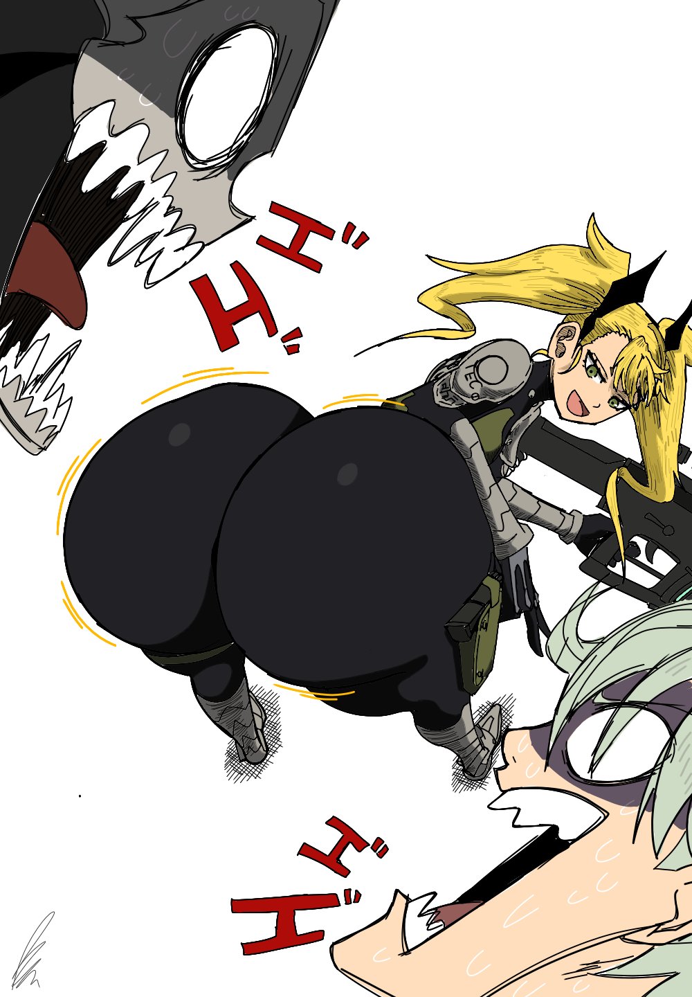 1girls 2boys ass bendraws big_ass blonde_hair fat_ass female gun hibino_kafka huge_ass ichikawa_reno kafka_hibino kaiju_no.8 kaiju_no.8_(kafka) kikoru_shinomiya long_hair looking_back open_mouth shinomiya_kikoru shocked_expression white_hair