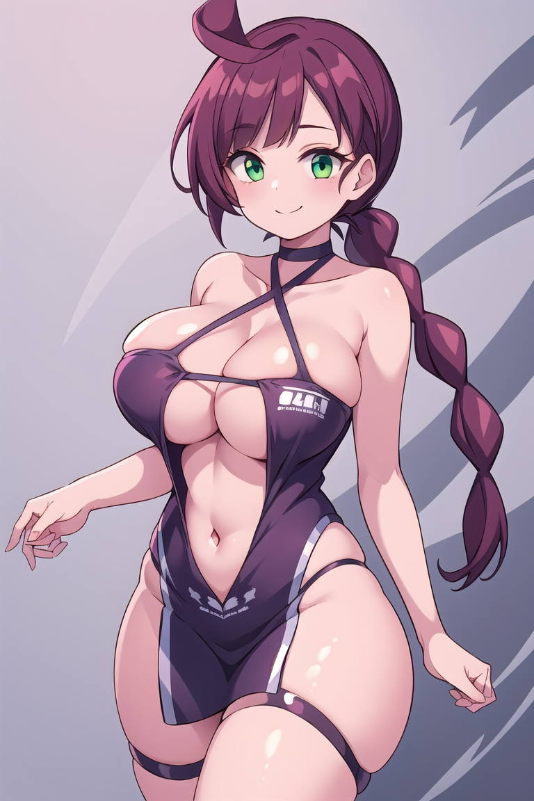 1girls ai_generated big_breasts breasts chloe_(pokemon) cleavage collarbone female female_focus female_only green_eyes large_breasts nintendo pokemon purple_hair revealing_clothes ryuzam solo