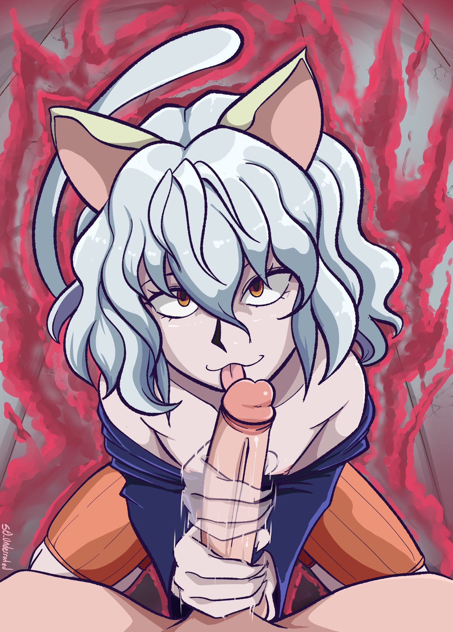 animal ears, cat ears, cock, dick, genitals, hair between eyes, handjob, hunter x hunter, licking lips, looking at viewer, neferpitou, penis, s0 underrated, tail, tongue, tongue out