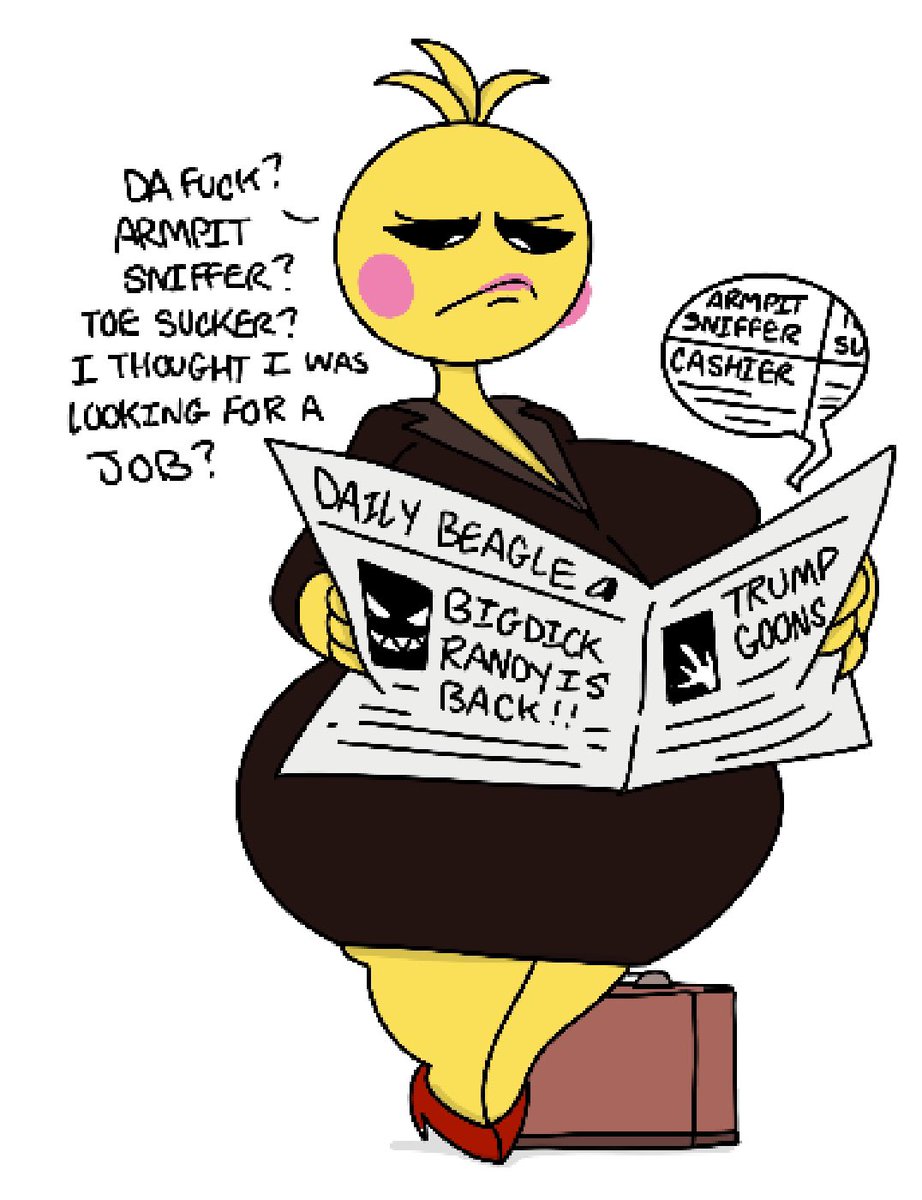 1girls blank_background briefcase business_suit dialogue donald_trump five_nights_at_freddy's high_heels holding_newspaper huge_breasts lipstick makeup rosy_cheeks text theslashfive thighs toy_chica_(fnaf) voluptuous voluptuous_female wide_hips yellow_body yellow_skin