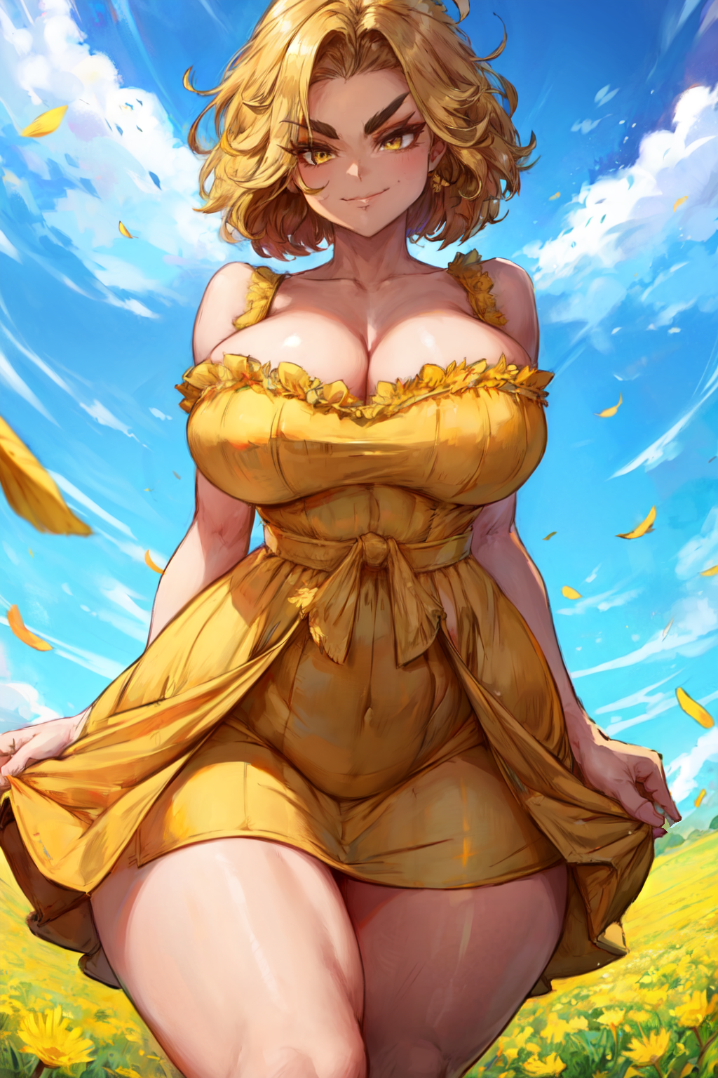 1girls ai_generated astrid_(tampopo) big_breasts breasts cleavage covered_navel dress female female_only field flower flowers forehead golden_hair huge_breasts huge_thighs large_breasts looking_at_viewer messy_hair orange_eyes short_dress short_hair sky smile smirk solo solo_female stable_diffusion sundress tampopo thick_eyebrows thick_thighs wide_hips