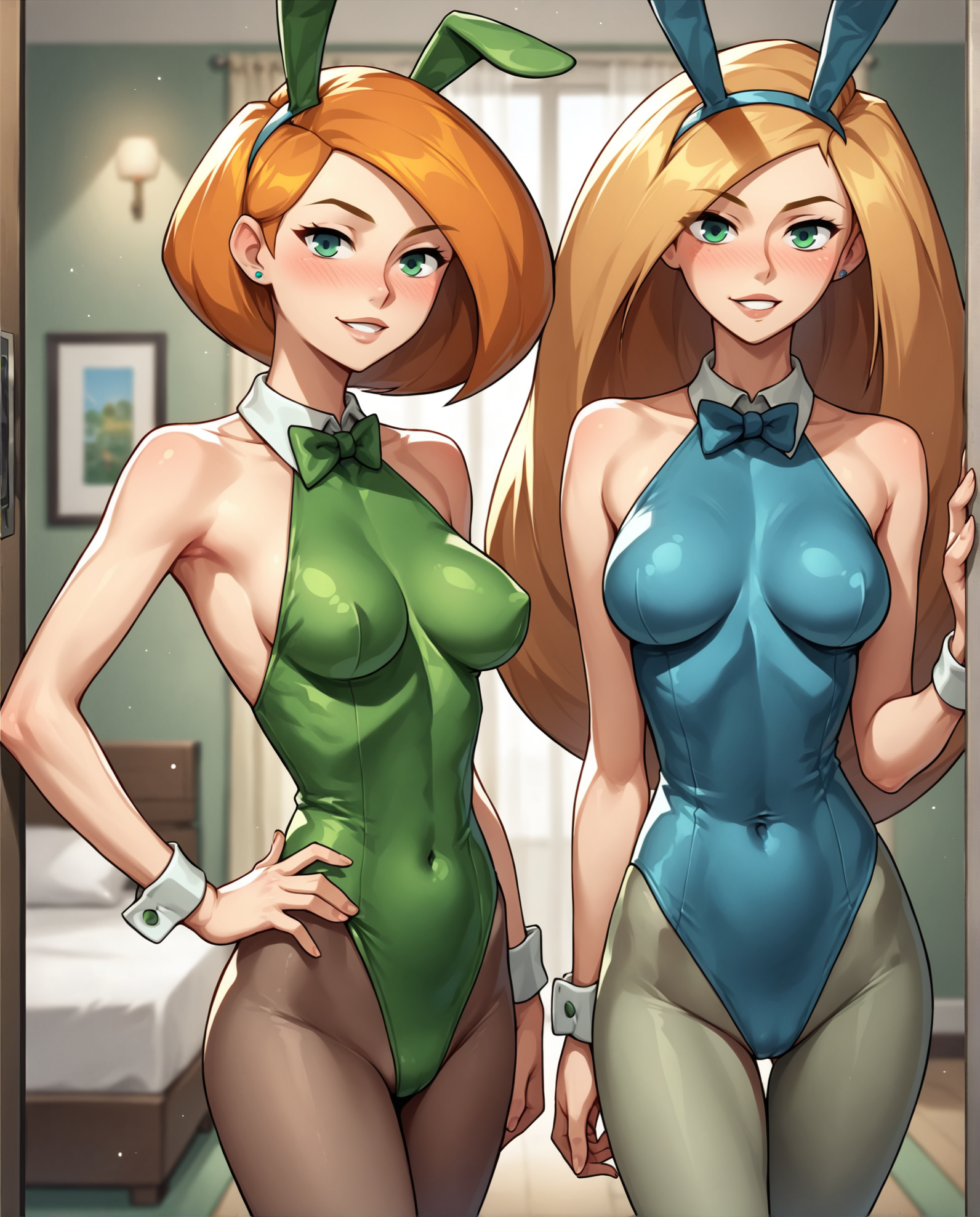 2girls, ai generated, ann possible, bare shoulders, bed, bedroom, blush, bowtie, breasts, bunny ears, bunnysuit, cameltoe, covered navel, detached cuffs, disney, disney channel, doorway, earrings, female, female only, green eyes, halter leotard, halterneck, hand on hip, highleg, highleg leotard, imminent sex, kim possible, kimberly ann possible, leotard, looking at viewer, medium breasts, milf, mother and daughter, notreallyhere, orange hair, playboy bunny, shiny clothes, skin tight, smile, thigh gap, tight clothing, tights