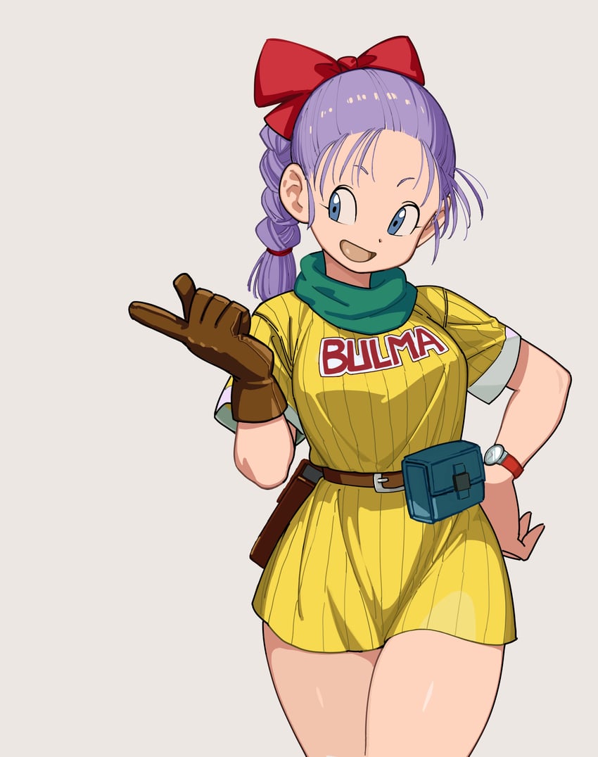 1girls big_breasts blue_eyes bulma_briefs clothed dragon_ball dragon_ball_(classic) hand_on_hip pointing purple_hair ribbon rokoido12 teenage_bulma teenager thick_thighs