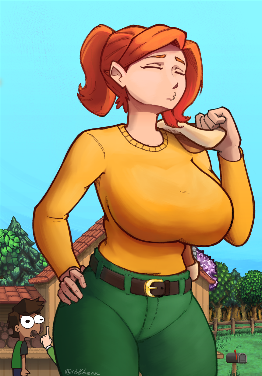 big_breasts big_breasts clothed clothed_female copyright dress non_nude outside red_head robin_(stardew_valley) stardew_valley white_skin