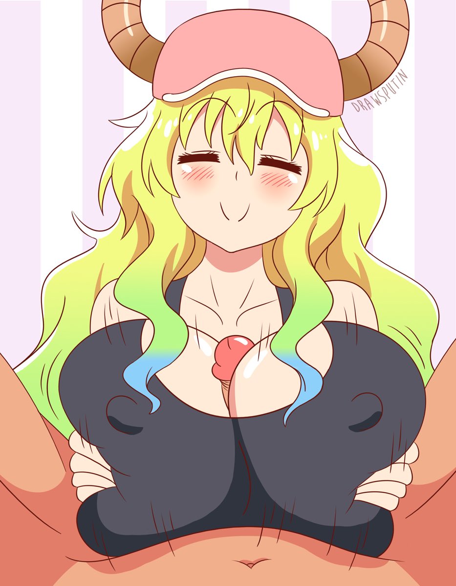 1boy, 1girls, big breasts, breasts, cleavage, closed eyes, clothing, dragon, dragon girl, dragon horns, dragon humanoid, drawsputin, duo, female, hair, horn, huge breasts, large breasts, long hair, male, male pov, miss kobayashi's dragon maid, multicolored hair, nipple bulge, paizuri, penis, pov, quetzalcoatl (dragon maid), shirt, straight