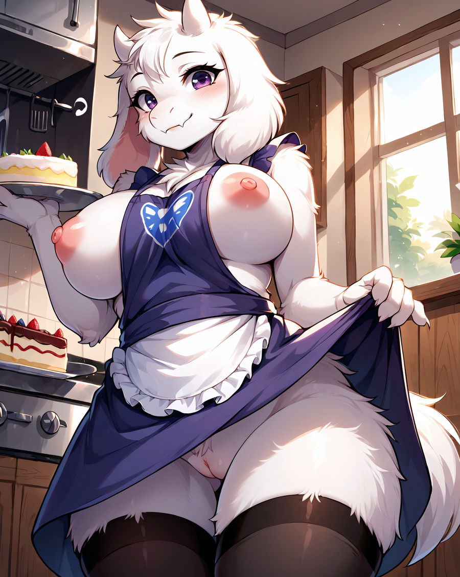 ai_generated blush bottomless exposed_breasts furry goat_humanoid holding_food horns looking_at_viewer mostly_clothed purple_eyes pussy skirt_lift smile thighhighs toriel undertale