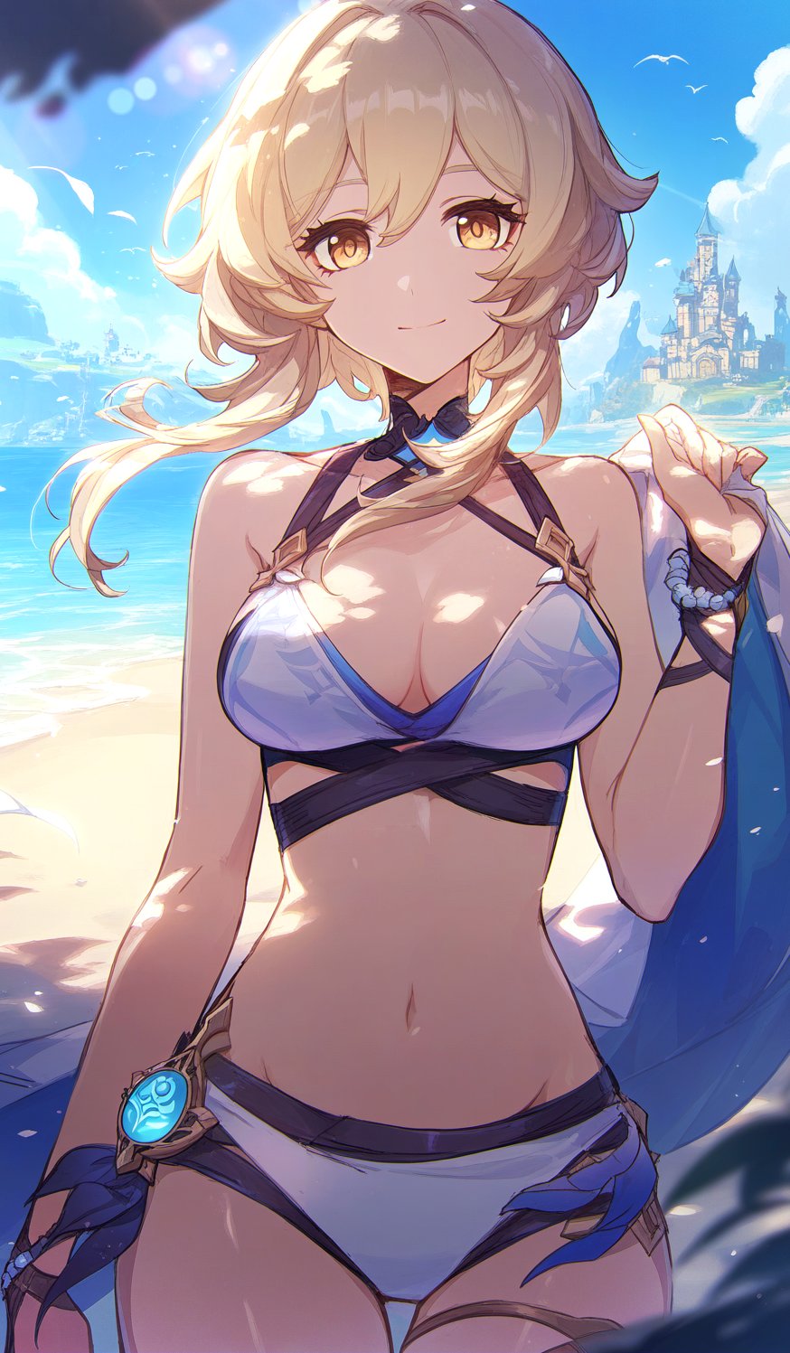 1girls, ai generated, alternate costume, beach, belly button, bikini, bikini bottom, bikini top, blonde hair, breasts, clouds, day, female, female focus, female only, finasu, genshin impact, hoyoverse, light skin, light-skinned female, looking at viewer, lumine (genshin impact), medium breasts, mihoyo, navel, ocean, outdoors, short hair, sky, slim female, smiling, solo, solo female, solo focus, standing, summer, swimsuit, two piece swimsuit, vision (genshin impact), water, yellow eyes, young, younger female