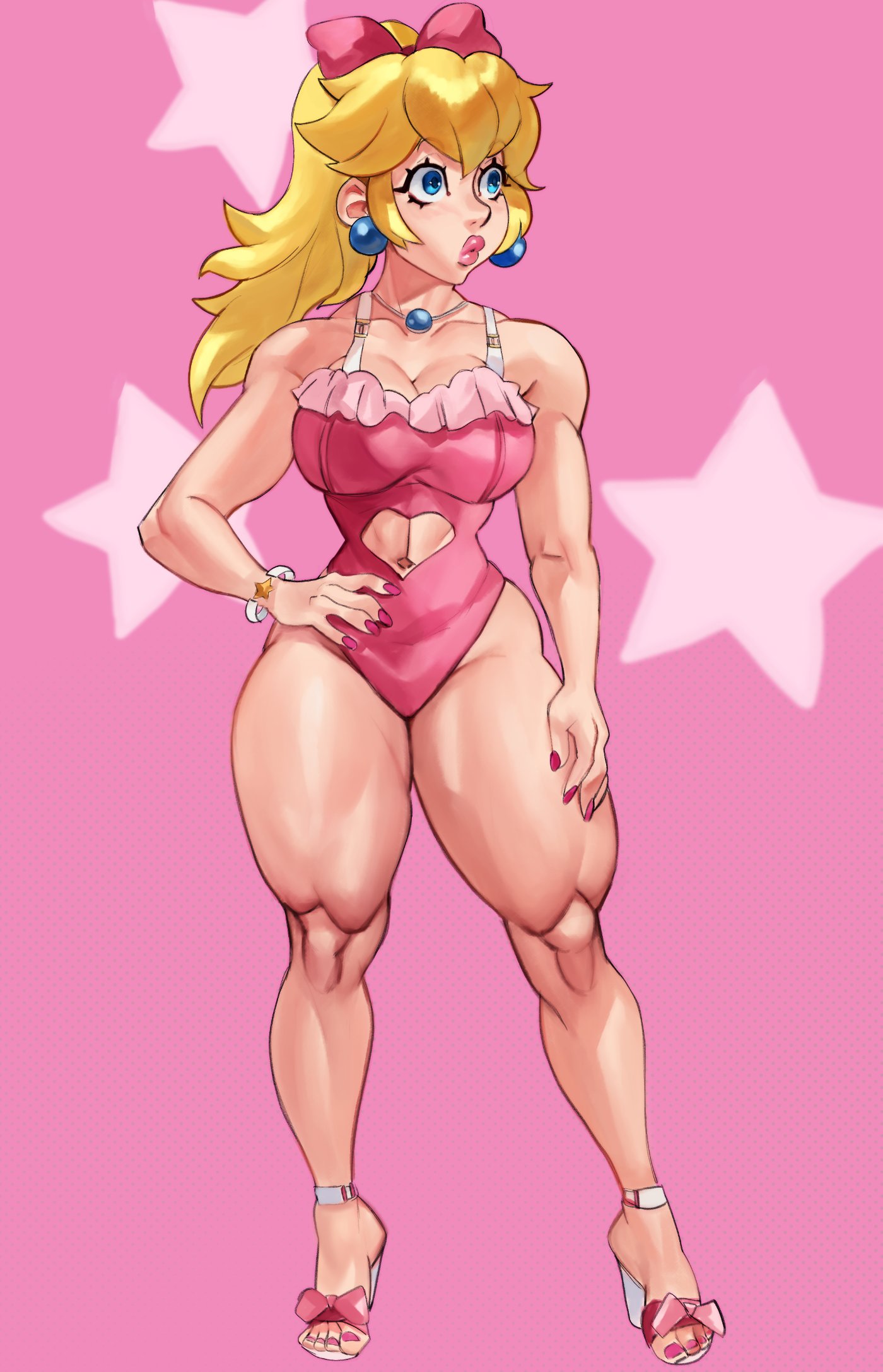 1girls bare_legs bare_shoulders bathing_suit belly belly_button blonde_hair blue_eyes bracelet dlusional female female_focus female_only frills full_body hand_on_hip high_heels mario_(series) midriff_baring_shirt muscular muscular_female muscular_thighs necklace nintendo one-piece_swimsuit pale-skinned_female princess princess_peach quads simple_background solo solo_female solo_focus standing thick_thighs thighs toned_female toned_legs