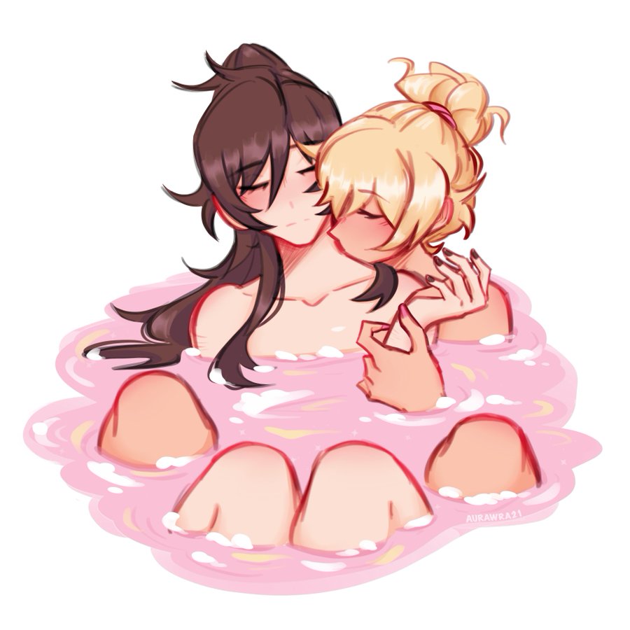 2girls aurawra21 bath bathing blonde_hair brown_hair class_of_'09 closed_eyes convenient_censorship couple cuddling female female_only holding_each_other holding_hands implied_nudity jecka_(class_of_'09) jeckole kissing lesbian lesbian_couple lesbians long_hair neck_kiss neck_kissing necking nicole_(class_of_'09) no_sex pale_skin plain_background ponytail resting_on_partner romantic snuggling yuri