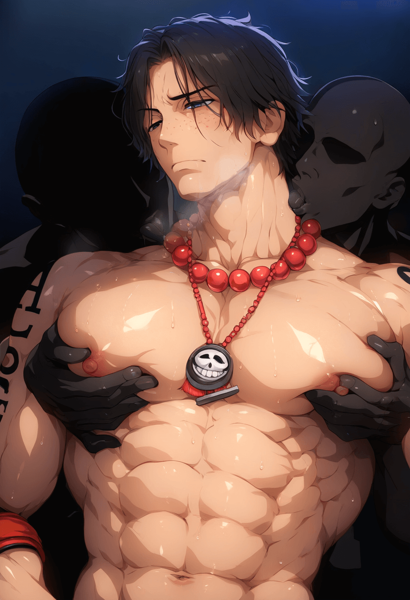 abs ai_generated aru_(pixiv1293902) big_pecs blush erect_nipples gay large_pectorals male male/male male_focus male_only muscular muscular_male nipple_play nipples one_piece pecs pecs_grab pecs_touching pectorals portgas_d_ace yaoi