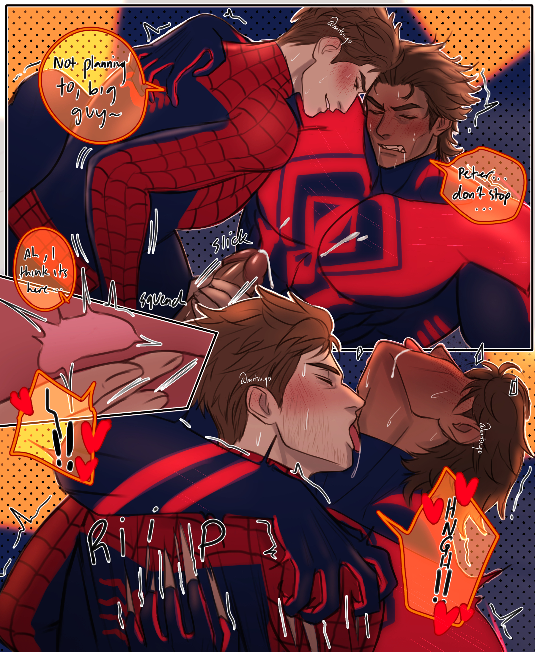 2boys, boner, erection, gay, gay sex, male, male only, male/male, marvel, marvel comics, miguel o'hara, mitsu qo, peter parker, spider-man (series), spider-man: across the spider-verse, yaoi