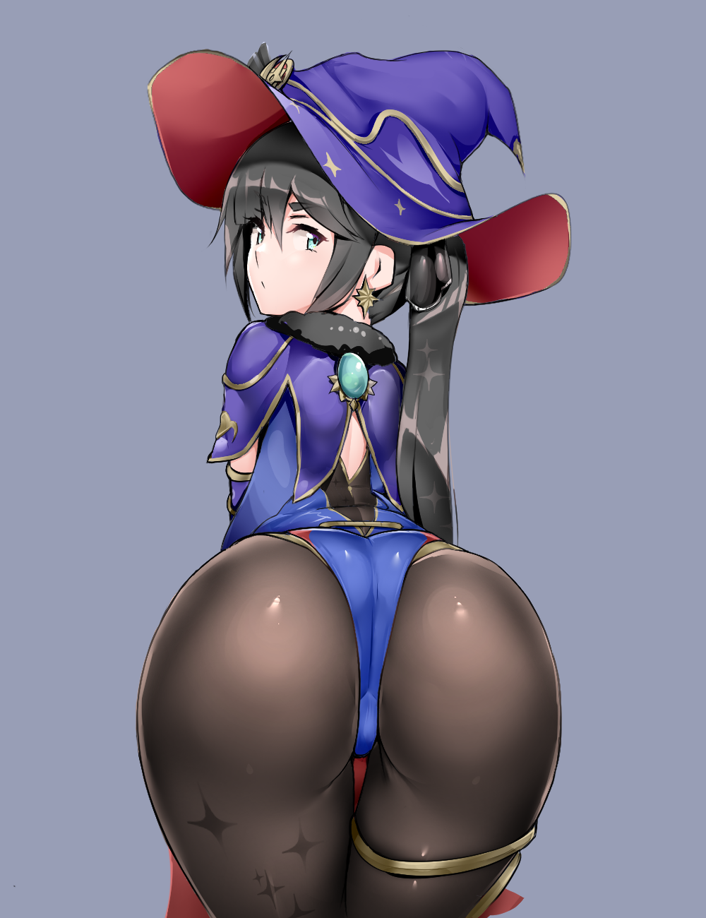 1girls ass ass_focus back_view big_ass big_butt blue_eyes butt_focus fully_clothed genshin_impact looking_back mona_(genshin_impact) pantyhose sawa_(sawaillust) solid_color_background solo solo_female thighs witch_hat