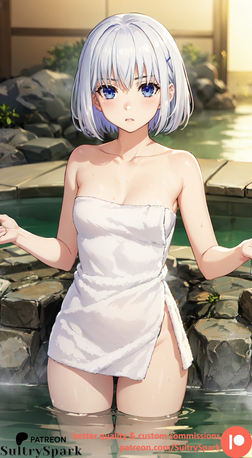 1girls :o ai_generated artist_name blue_eyes commission date_a_live female female female_only looking_at_viewer onsen patreon patreon_username petite short_hair solo solo_female steam sultryspark teen teenager tobiichi_origami towel towel_around_waist towel_only water white_hair