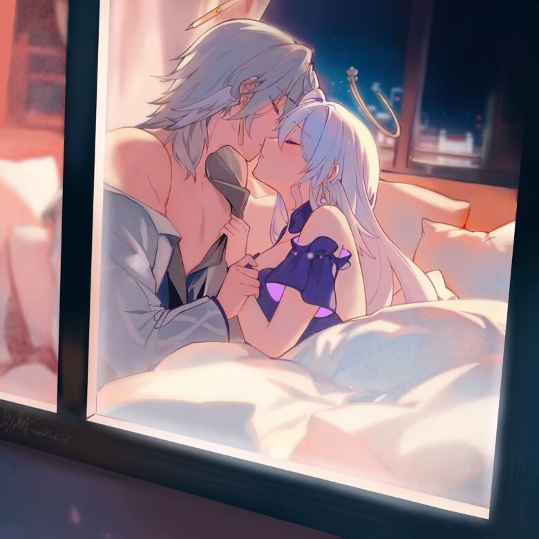 1boy bad_source blanket blush brother_and_sister closed_eyes dress female grey_hair halo halo_behind_head head_wings honkai:_star_rail honkai_(series) incest kissing mihoyo on_bed pillow robin_(honkai:_star_rail) siblings sunday_(honkai:_star_rail) under_covers unworn_clothes white_wings wing_piercing wings