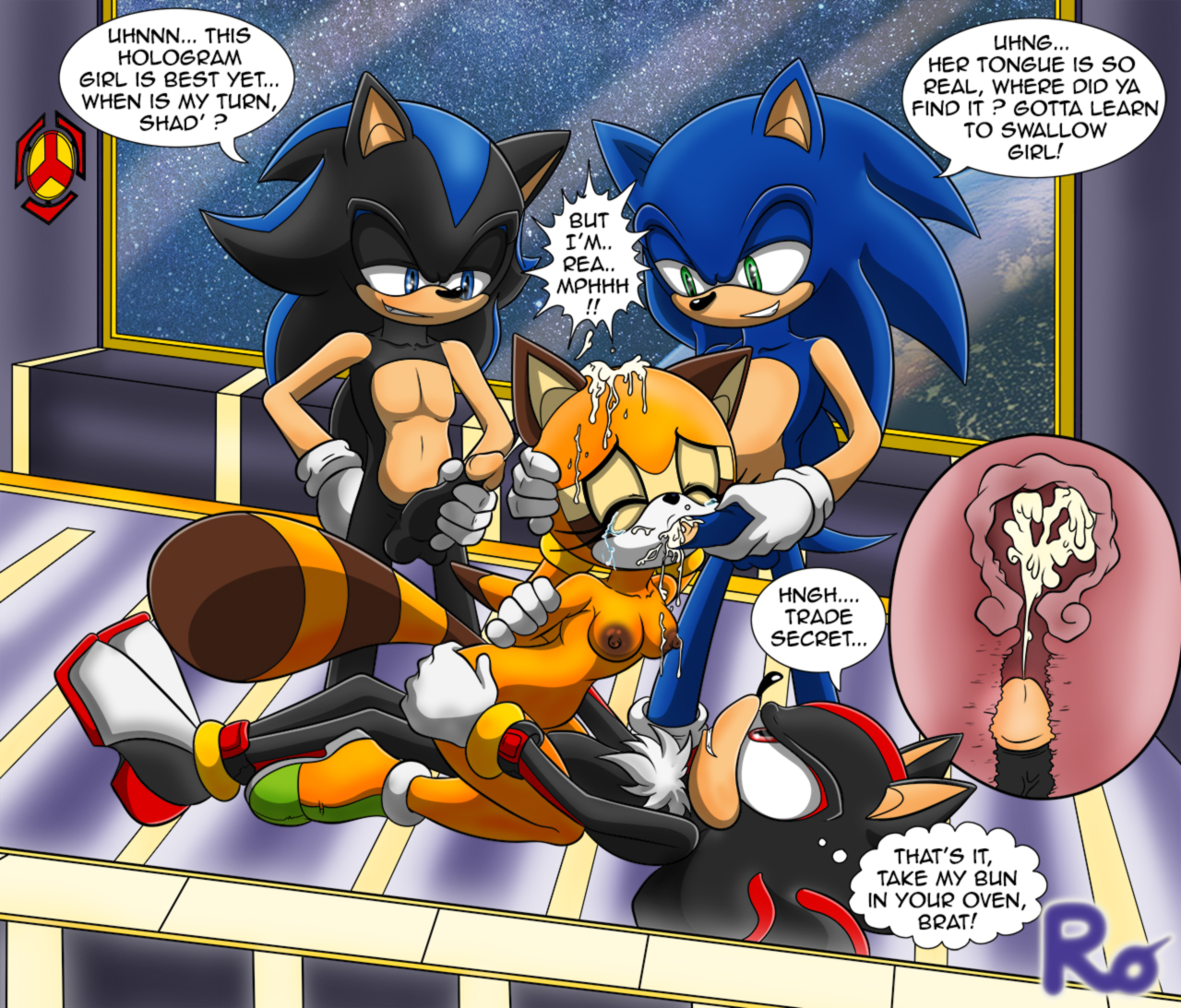 1girls, 3boys, anthro, anthro on anthro, anthro penetrated, anthro penetrating, anthro penetrating anthro, areolae, balls, black fur, black nose, black penis, blue eyes, blue fur, blue hair, blue penis, breasts, brown fur, chest tuft, closed eyes, cum, cum in mouth, cum in pussy, cum in uterus, cum inside, cum on breasts, cum on face, cum on head, dialogue, english text, eulipotyphlan, female, forced, foursome, furry, furry only, gloves, green eyes, group, group sex, hedgehog, impregnation, internal, interspecies, male, mammal, marine the raccoon, masturbation, multiple boys, multiple males, multiple penises, nipples, nude, oral, oral penetration, oral sex, orange fur, penetration, penile masturbation, penile penetration, penis, penis grab, penis in mouth, penis in pussy, pussy, raccoon, raccoon tail, raianonzika, rape, red eyes, restrained, seelkadoom, sega, shadow the hedgehog, sonic (series), sonic rpg, sonic the hedgehog, speech bubble, straight, tail, text, tuft, uterus, vaginal penetration, video games, watermark, x-ray