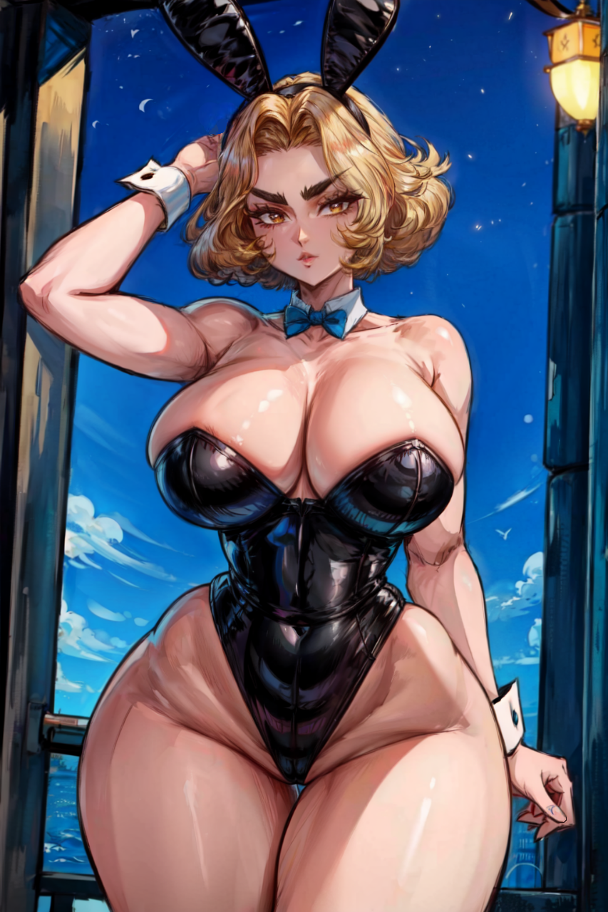 1girls adjusting_headwear ai_generated astrid_(tampopo) big_breasts bowtie breasts bunny_ears bunny_girl bunnysuit cleavage covered_navel cuffs curvy detached_collar female female_only golden_hair huge_breasts looking_at_viewer messy_hair night orange_eyes parted_lips playboy_bunny short_hair sky solo solo_female stable_diffusion tampopo thick thick_eyebrows thick_thighs wide_hips