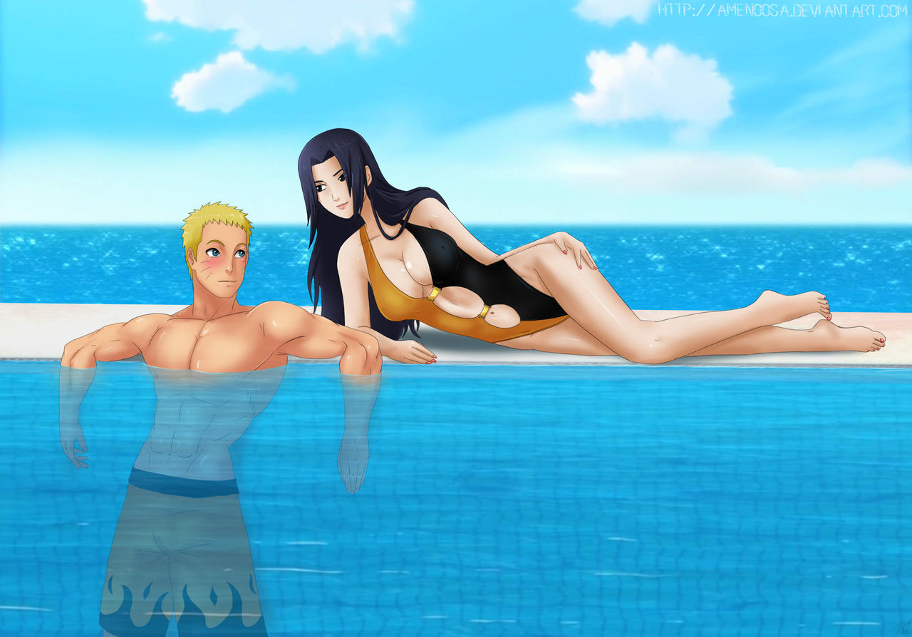 1boy, 1girls, amenoosa, arm support, bangs, bare shoulders, barefoot, big breasts, blue eyes, blue hair, blush, boruto: naruto next generations, breasts, cleavage, curvy, curvy figure, erect nipples, feet, female, lipstick, looking at another, looking at partner, looking at viewer, lying, makeup, male, milf, mother, nail polish, naruto, naruto (series), naruto shippuden, nipples, on side, one-piece swimsuit, pool, poolside, shirtless, short hair, shorts, son girlfriends, standing, swimsuit, toes, uchiha mikoto, uzumaki naruto, visible nipples, whisker markings, wide hips, yellow hair