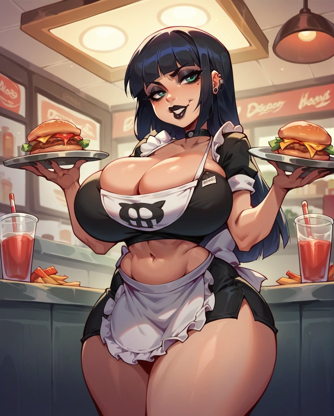 1girls, ai generated, big breasts, black hair, black lipstick, breasts, burger, clothed, clothing, female, female only, food, goth, goth girl, green eyes, hamburger, hourglass figure, lipstick, long hair, navel, original, rocksolidart, solo, solo female, thick thighs, wide hips