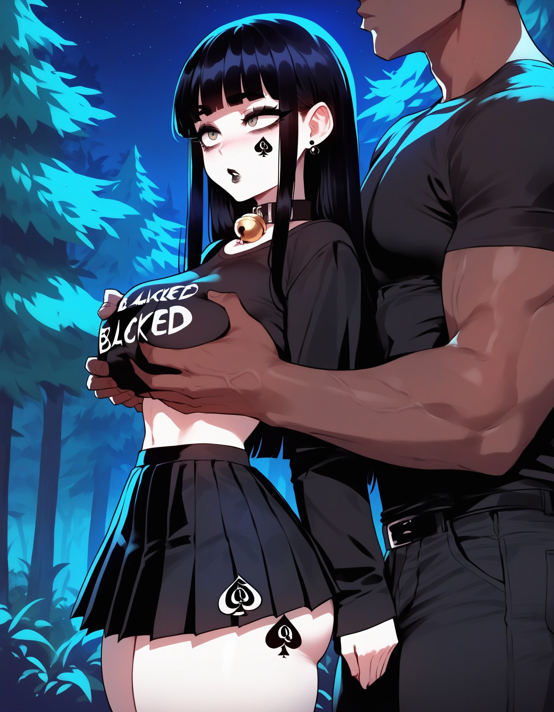 ai generated, bell, bell collar, bella (xandr), black hair, blacked, blacked clothing, breasts, choker, dark hair, dark skin, dark-skinned male, female, grey eyes, groping, groping breasts, groping from behind, interracial, light skin, light-skinned female, long hair, male, narrow waist, pale skin, pale-skinned female, queen of spades, queen of spades symbol, spade tattoo, straight, tagme, tattoo, tattoo on face, tattoo on legs, tattoos, thin waist, very long hair, xandr