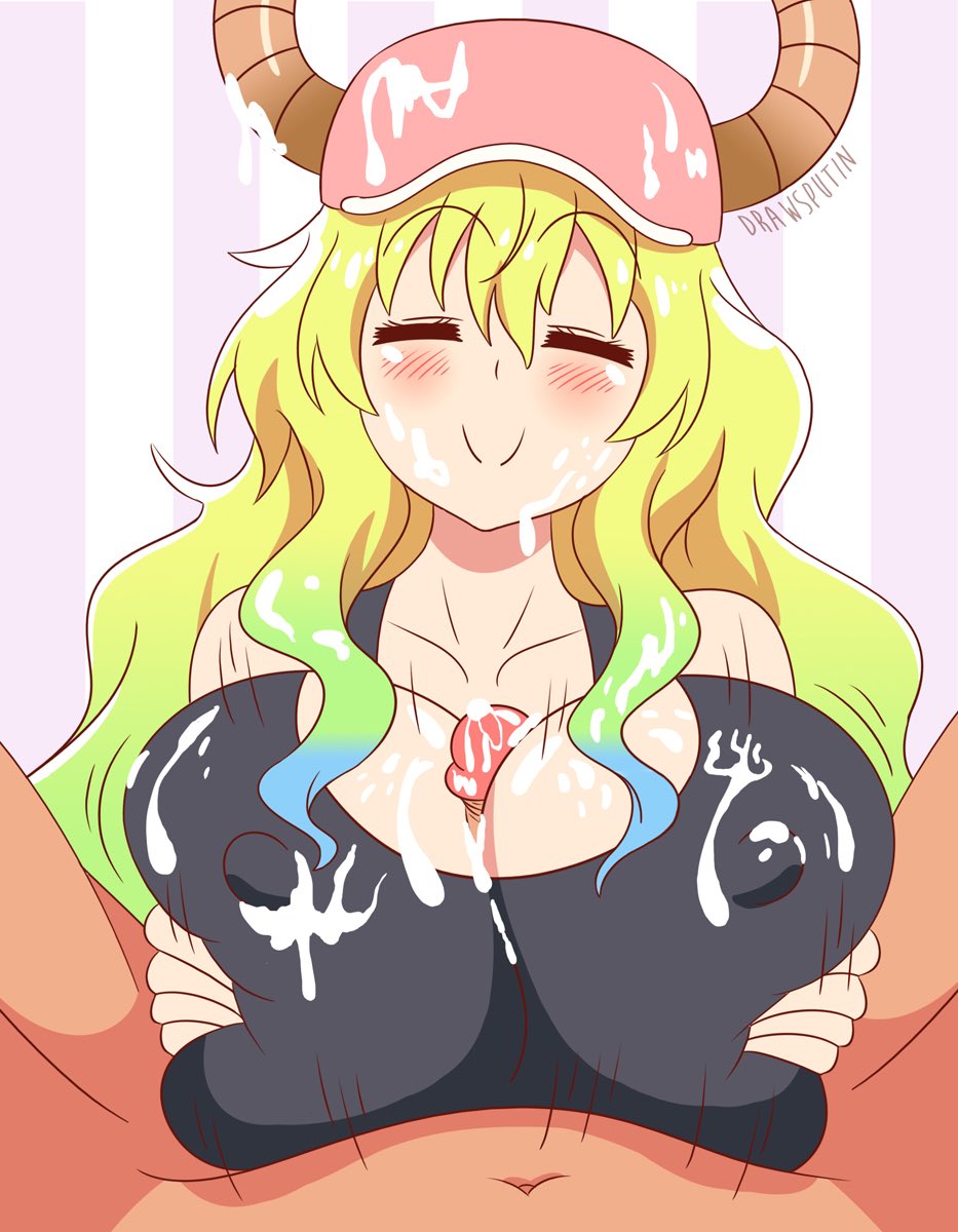 1boy, 1girls, big breasts, breasts, cleavage, closed eyes, clothing, cum, cum on clothes, cum on face, dragon, dragon girl, dragon horns, dragon humanoid, drawsputin, duo, facial, female, hair, horn, huge breasts, large breasts, long hair, male, male pov, miss kobayashi's dragon maid, multicolored hair, nipple bulge, paizuri, penis, pov, quetzalcoatl (dragon maid), shirt, straight