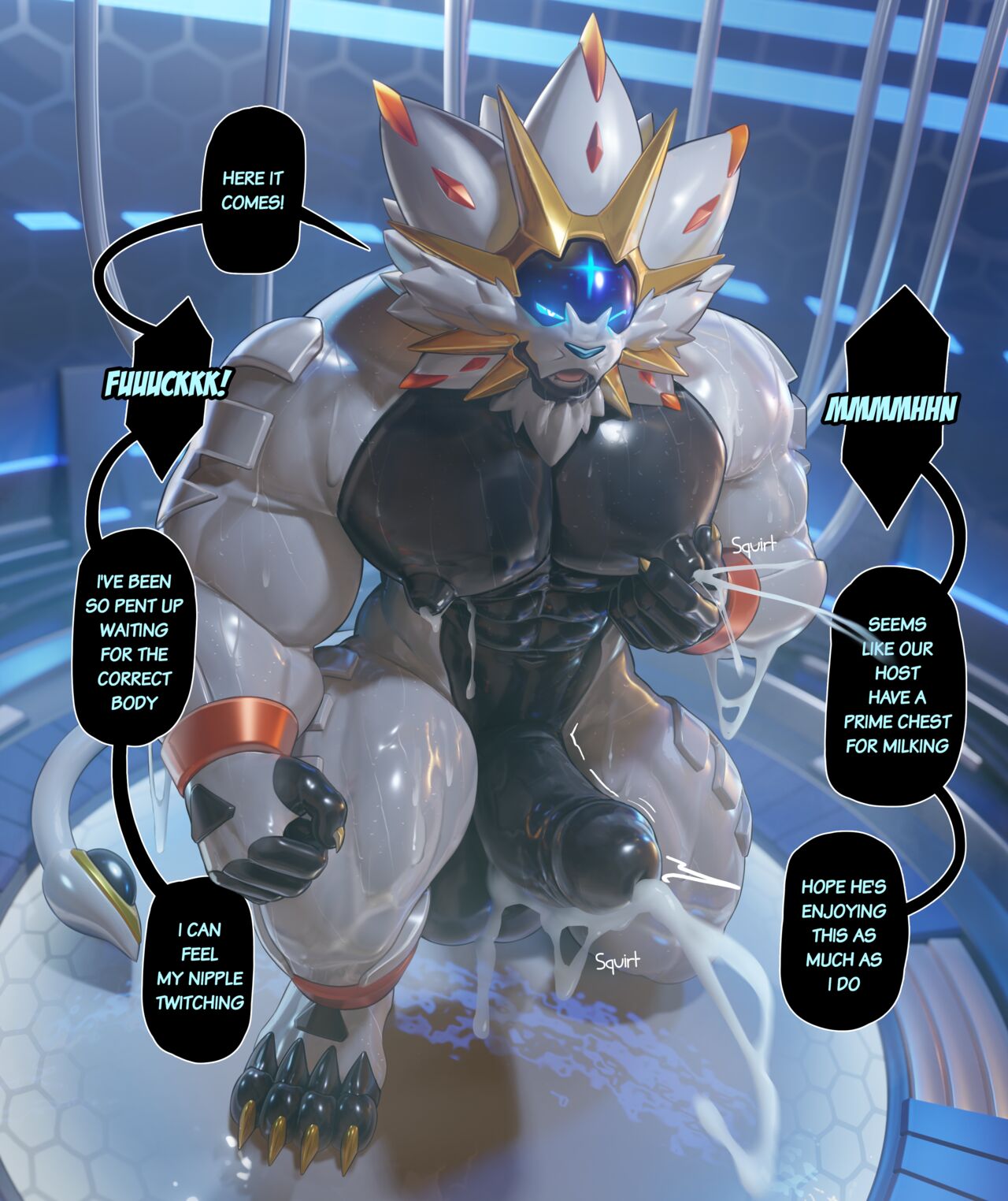 bara, comic panel, cum, erect nipples, erection, male, milking, muscular, muscular male, nipples, pokemon (species), questionable consent, solgaleo, takahirosi, transformation, yaoi