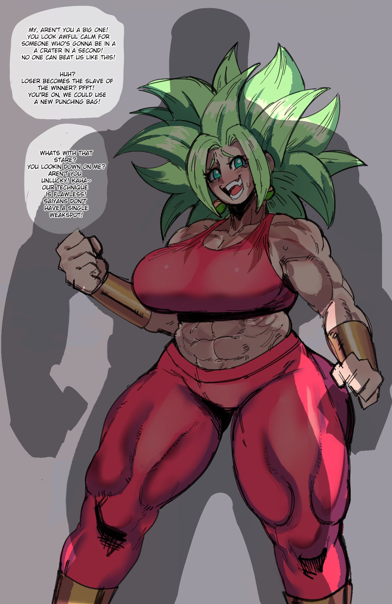 1boy, 1girls, abs, biceps, big breasts, breasts, clothing, dialogue, dragon ball, dragon ball super, ear piercing, earrings, embo, female, female saiyan, fusion, green hair, kefla, male, muscles, muscular, muscular female, muscular male, piercing, potara earrings, saiyan, silhouette, sweat, sweaty body, text, thick thighs, thunder thighs, wide hips