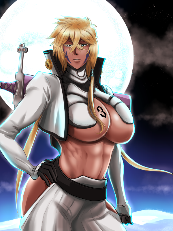 1girls 2023 abs big_breasts bleach blonde_hair breast_tattoo breasts clothed dark-skinned_female dark_skin facial_markings female female_focus female_only gloves green_eyes hand_on_hip jacket long_gloves looking_at_viewer mature mature_female moon moonlight open_jacket outdoors outside sideboob solo solo_female solo_focus soyuzu sword tia_harribel toned toned_female underboob white_jacket