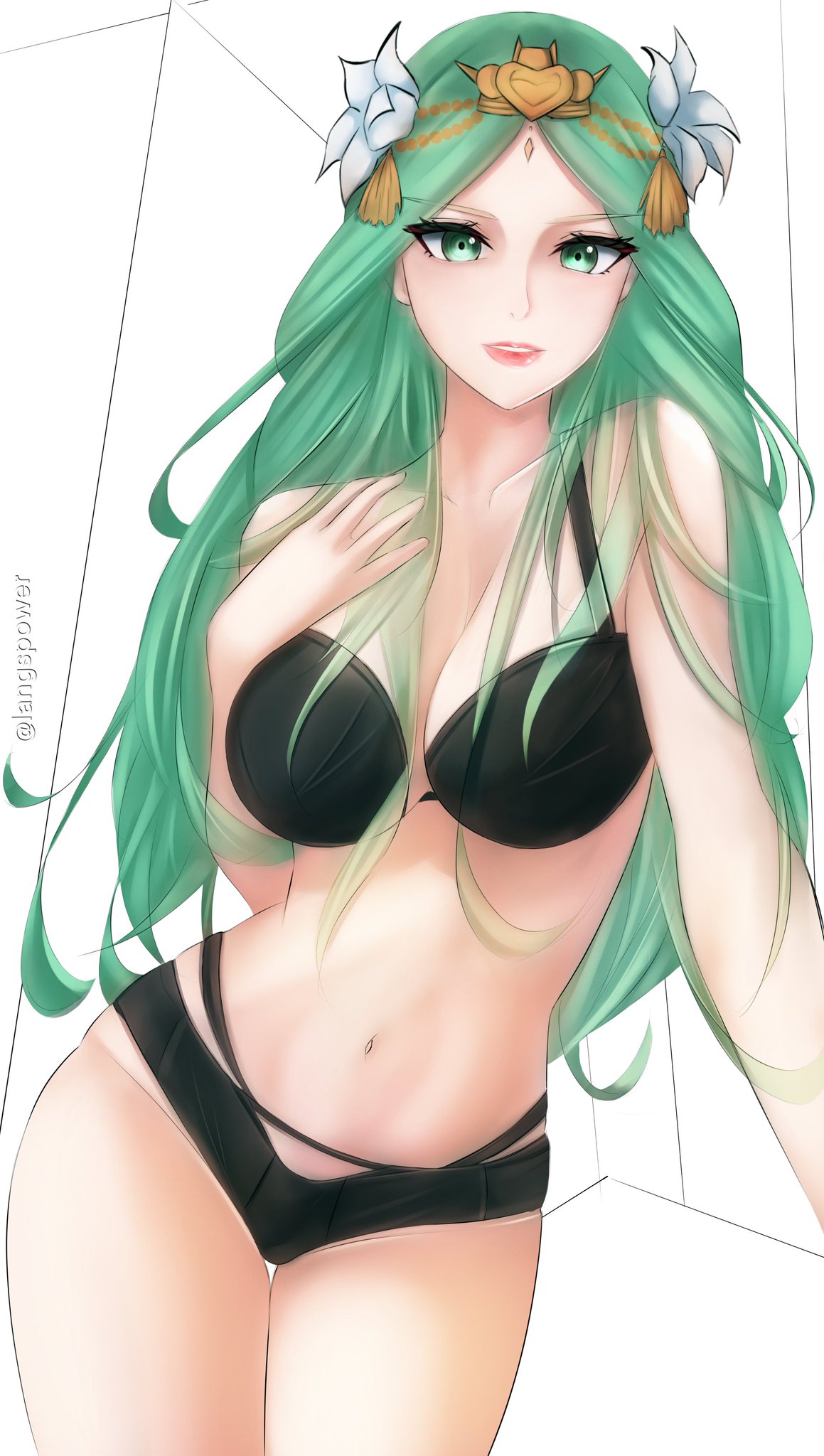 1girls 2023 black_lingerie black_panties cleavage female female_only fire_emblem fire_emblem:_three_houses green_eyes green_hair hair_ornament highres langspower large_breasts light-skinned_female light_skin lingerie long_hair looking_at_viewer nintendo panties rhea_(fire_emblem) solo standing underwear