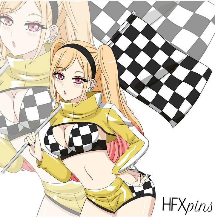 1girls checkered_flag cleavage cosplay female female_only hfxpins human kitagawa_marin race_queen solo sono_bisque_doll_wa_koi_wo_suru twintails yellow_hair