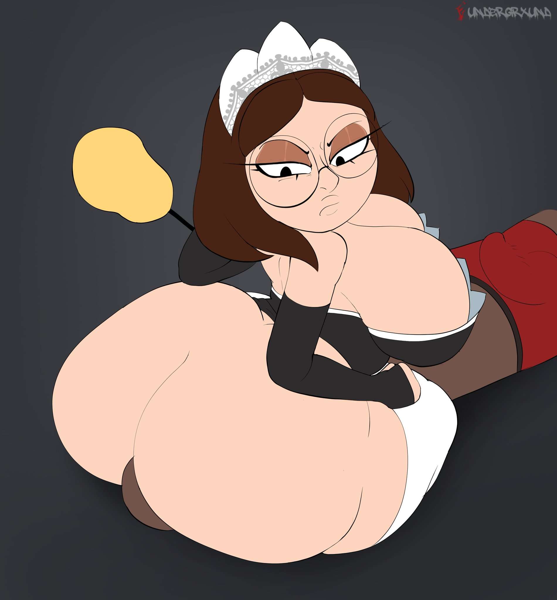 1girls, armwear, ass, ass smothering, big ass, big breasts, bottom heavy, bottomless, breasts, brown hair, bubble ass, bubble butt, bulge, cleavage, clothing, dark skin, dark-skinned male, facesitting, family guy, fat ass, female, female focus, flat colors, glasses, huge ass, large ass, legwear, light skin, light-skinned female, maid headdress, maid outfit, maid uniform, male, massive ass, meg griffin, sitting, sitting on face, sitting on person, smothering, smothering ass, straight, thick ass, thick thighs, underground (artist), underwear, wide hips