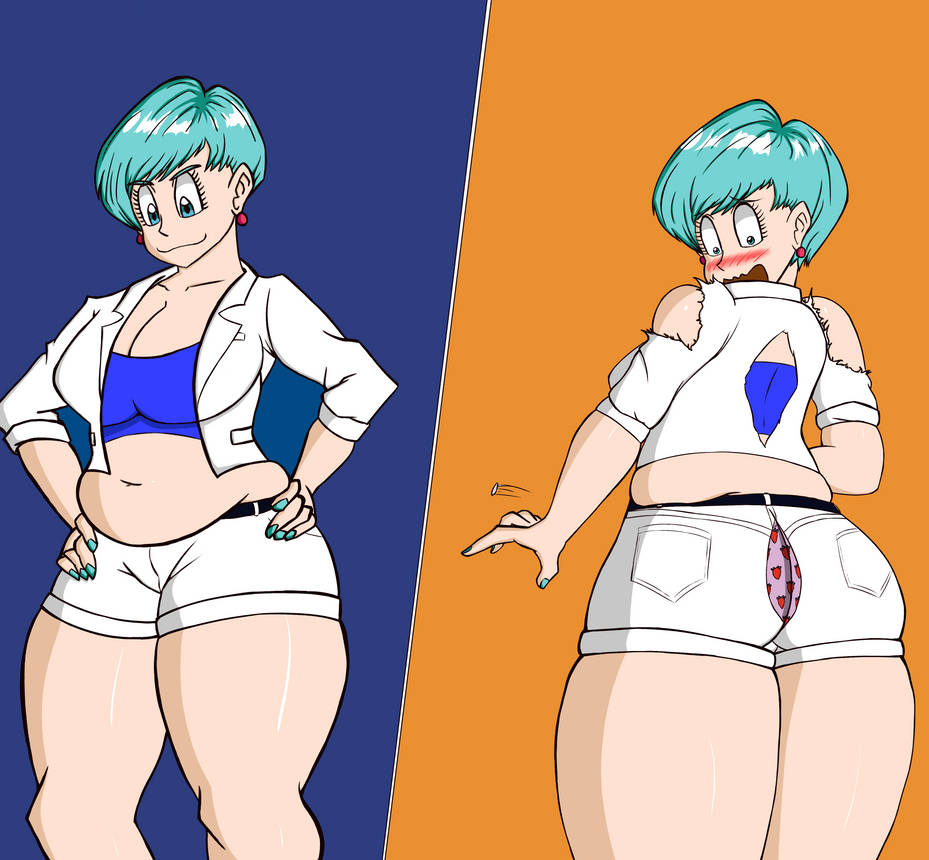 bbw bbw_mom bulma_briefs bulma_briefs_(beginnings_of_dragon_ball_z) dragon_ball dragon_ball_z embarrassed euf ripped_clothing rnp tight_clothes underwear wardrobe_malfunction