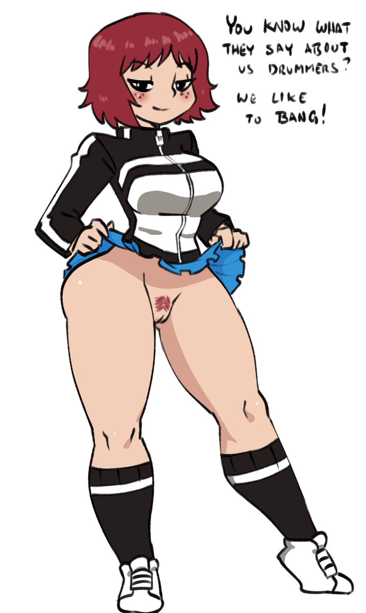 1girls bottomless bottomless_skirt clothed darkeros13 female_only female_pubic_hair freckles jacket kim_pine pubic_hair pun pussy scott_pilgrim simple_background skirt skirt_lift smile solid_color_background tagme text thedarkeros thick_thighs white_background