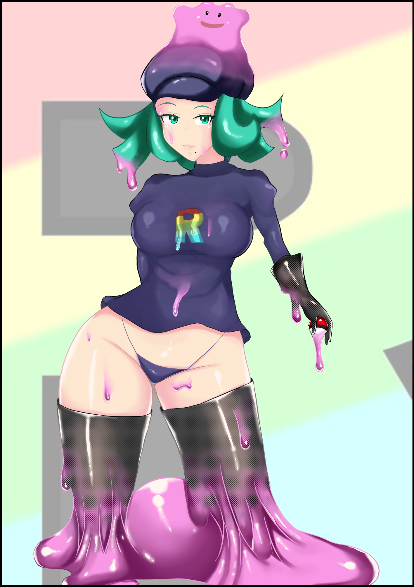 1girls, big breasts, breasts, clothed, ditto, ditto copied person, female, female ditto, female only, female team rainbow rocket grunt, female team rocket grunt, gloves, green eyes, green hair, hat, human, humanized pokemon, looking at viewer, nintendo, panties, poke ball, pokemon, pokemon (species), pokemon rgby, pokemon usm, shapeshifter, shiftingfun, shirt, slime, slime girl, slime monster, source request, spread legs, standing, team rainbow rocket, team rainbow rocket (cosplay), team rainbow rocket grunt, team rainbow rocket grunt (female), team rocket grunt, thick thighs, thighhighs, transformation, transformed ditto