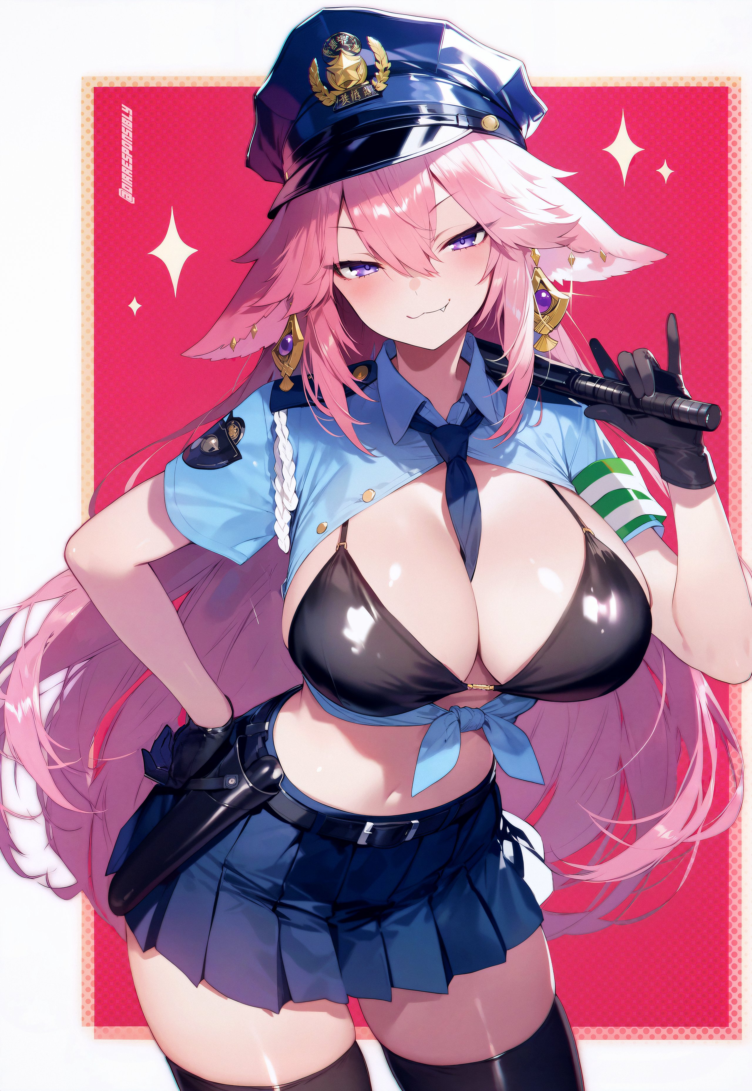 ai generated, bikini, breasts, dirresponsibly, female, genshin impact, grin, large breasts, pink hair, police, police uniform, policewoman, skirt, thighhighs, yae miko