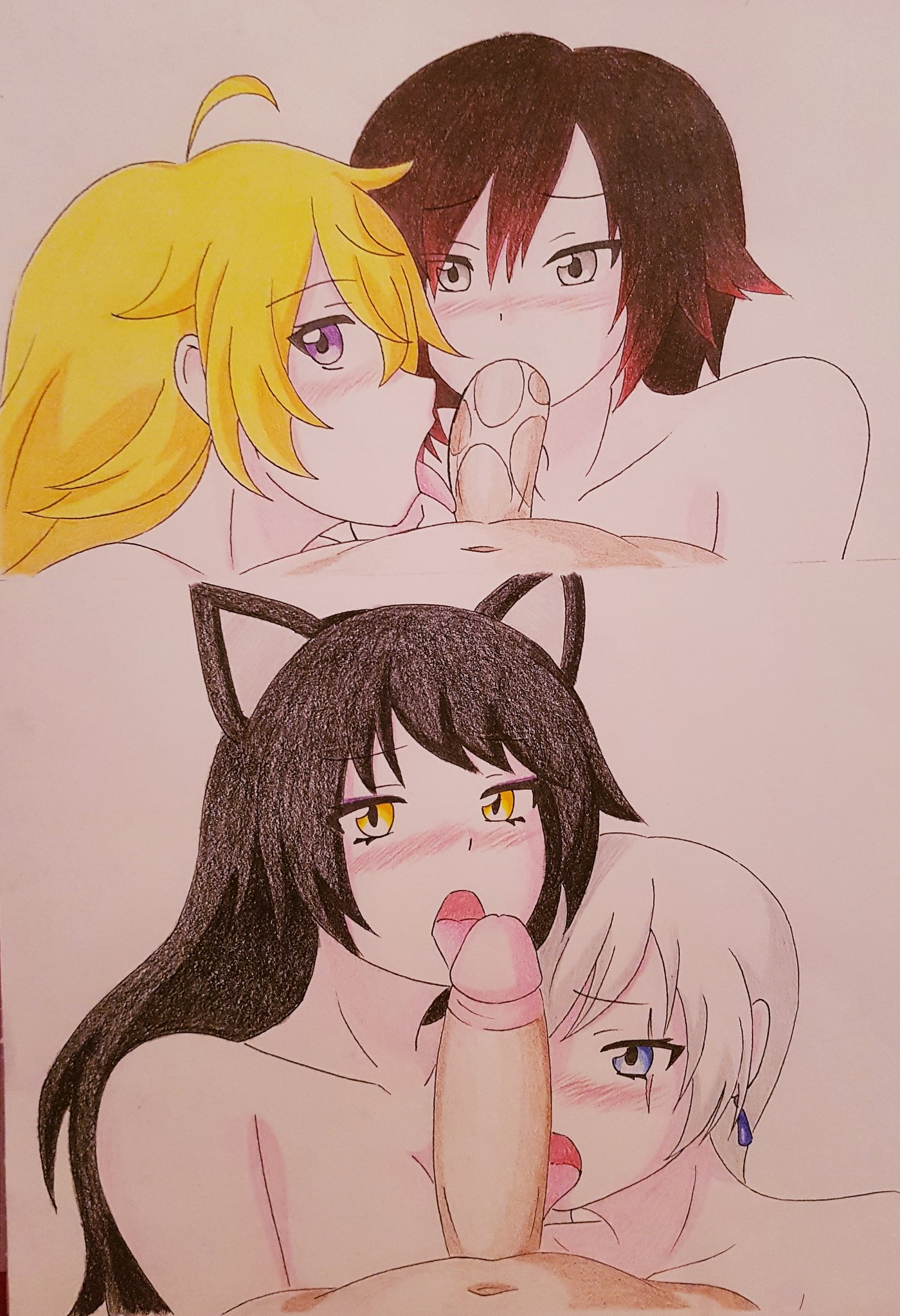 4girls, big breasts, black hair, blake belladonna, blowjob, blue eyes, breasts, brown eyes, cleavage, collaborative fellatio, earrings, eye contact, faunus, fellatio, female, human, looking at viewer, male, male pov, multiple females, multiple girls, navel, nude, oral, oral sex, penis, pov, pov eye contact, purple eyes, red hair, rooster teeth, ruby rose, rwby, sisters, team rwby, teamwork, traditional media (artwork), weiss schnee, white hair, xxsgtcampbell, yang xiao long, yellow eyes