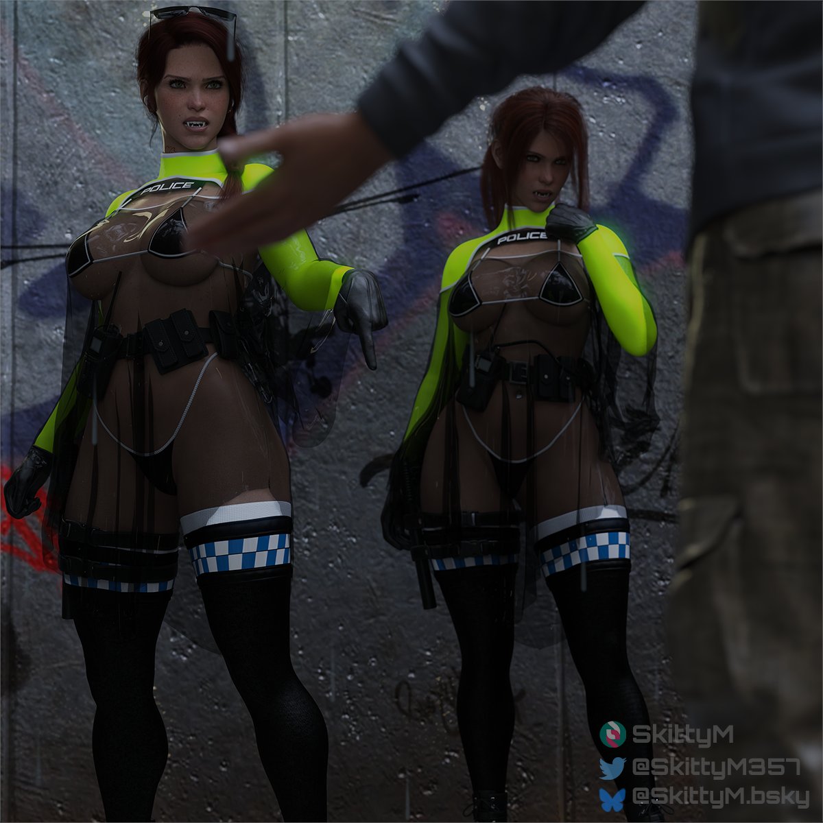 1boy 2girls 3d breasts long_hair police policewoman ponytail short_hair skittym tagme thighhighs thighs