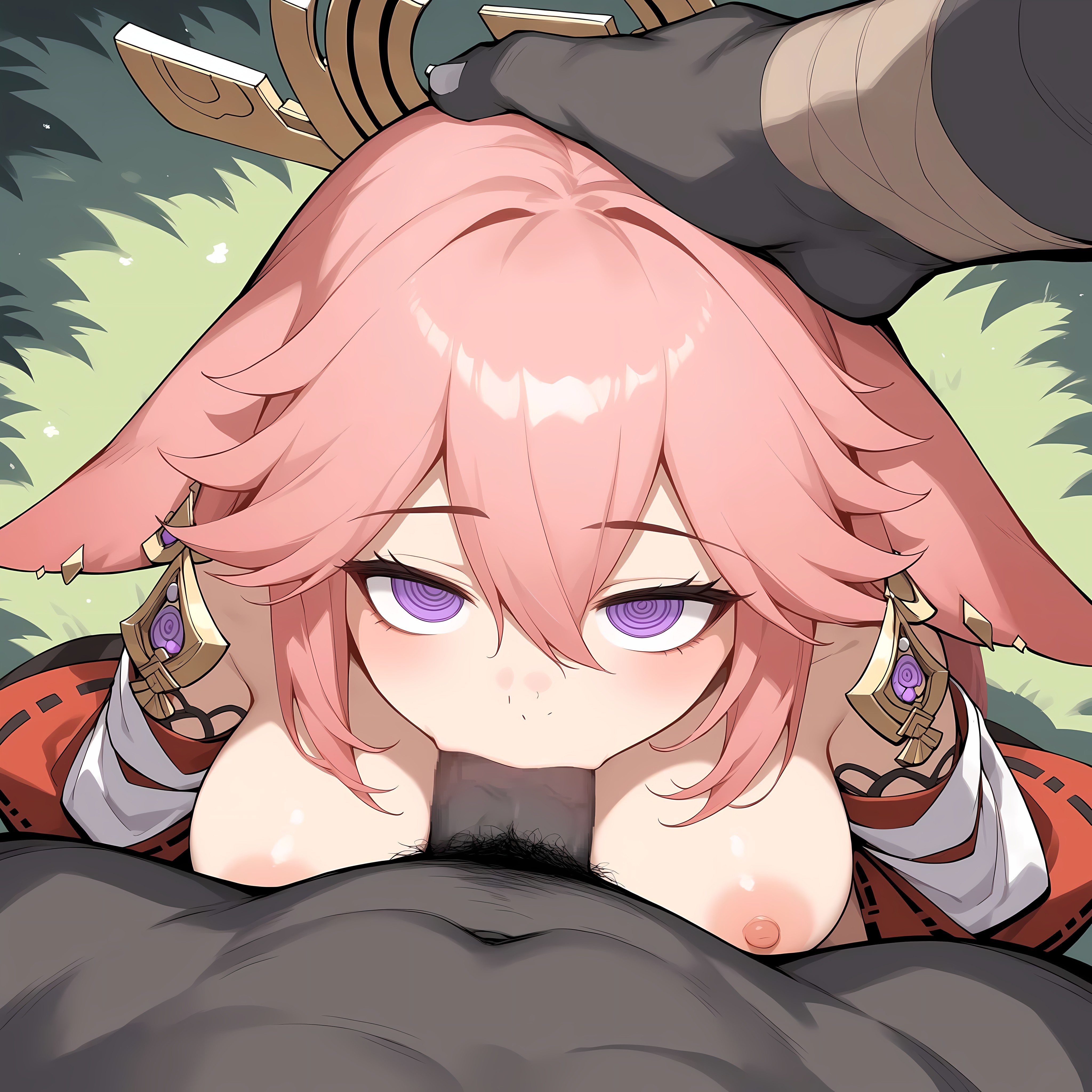 ai generated, blowjob, dark skin, dark-skinned male, deepthroat, female, genshin impact, hilichurls (species), hypnosis, kiriya kuroshi, male, rape, tagme, yae miko
