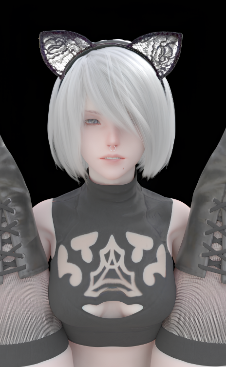 1girls blue_eyes cat_ears female_only fishnets grinning legs legs_up looking_at_viewer nier nier:_automata nose pale-skinned_female pale_skin realistic renderingbutts septum_piercing septum_ring teeth white_hair yorha_2b