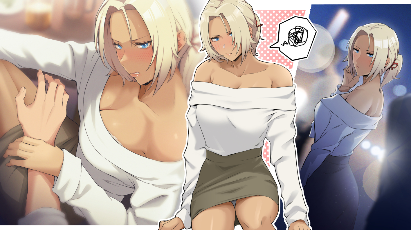 1girls, 1other, alternate costume, ambiguous gender, bare shoulders, blonde hair, blue eyes, breasts, catherine (fire emblem), cleavage, collarbone, commission, dark skin, dark-skinned female, female, female focus, fire emblem, fire emblem: three houses, furo atsushi, grey skirt, large breasts, long sleeves, looking at viewer, miniskirt, multiple views, nintendo, off shoulder, off-shoulder sweater, panties, pantyshot, pencil skirt, ponytail, short hair, shoulders, skeb commission, skirt, sweater, underwear, upskirt, white panties, white sweater