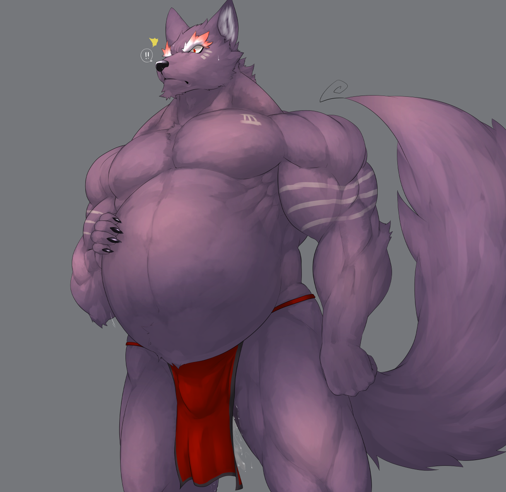 belly biceps bulge canid canine canis captainjohkid clothing fundoshi fur japanese_clothing male male_only male_pregnancy mammal muscular pecs pregnant purple_fur red_eyes solo solo_male tattoo underwear wolf