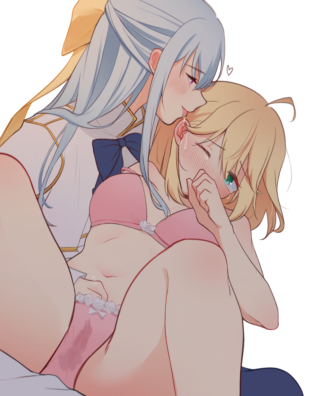 2girls ahoge anisphia_wynn_palettia blonde_hair blush bra_strap breasts canon_couple cleavage color covering_mouth ear_blush euphyllia_magenta finger_fuck fingering fingering_partner full-face_blush fully_clothed green_eyes grey_hair licking_ear long_hair looking_at_another looking_pleasured married_couple mischievous_smile multiple_girls one_eye_closed partially_clothed pink_bra pink_panties purple_eyes pussy_juice pussy_juice_stain risai romantic romantic_couple saliva saliva_trail short_hair smile tears tears_of_pleasure tensei_oujo_to_tensai_reijou_no_mahou_kakumei underwear_only white_background wife_and_wife yuri