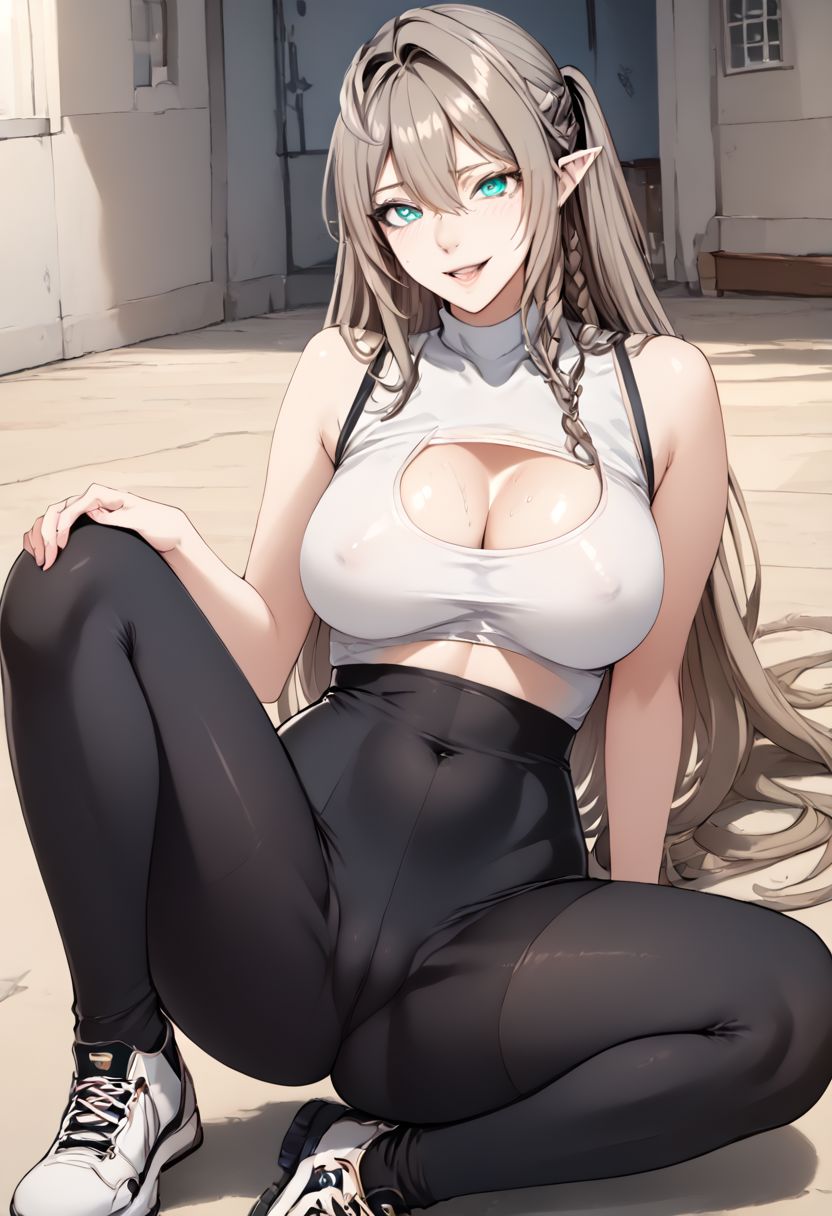 ai_generated crop_top elf elf_ears fit fitness green_eyes gym gym_uniform hentai leggings silver_hair tbate tessia_eralith the_beginning_after_the_end white_hair yoga_pants