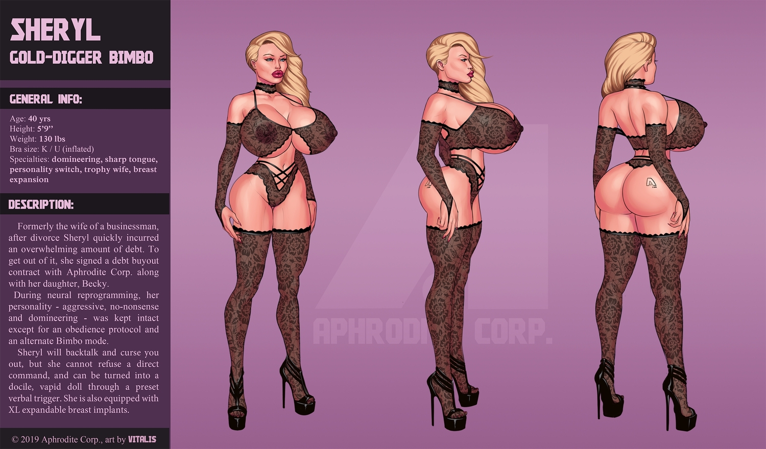 1girls, 2019, areolae, ass, bimbo, blonde hair, breasts, character sheet, choker, female, female only, high heels, human, human only, lace-trimmed bra, lace-trimmed gloves, lace-trimmed thighhighs, lipstick, nipples, open toe shoes, platform heels, solo, stiletto heels, stockings, text, very high heels, vitalis