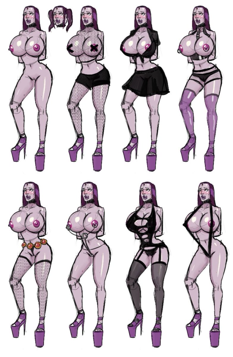 1girls, arms behind back, bimbo, breasts, busty, cleavage, dc, dc comics, drool, drooling, fake breasts, female, female only, fishnet legwear, fishnet stockings, fishnets, goth, high heels, hourglass figure, lipstick, multiple poses, nipple piercing, nipple tape, nipples, open toe shoes, pierced nipples, piercing, piercings, platform heels, purple eyes, purple hair, purple lipstick, rachel roth, raven (dc), school uniform, sling bikini, standing, teen titans, twintails, voluptuous, weakj